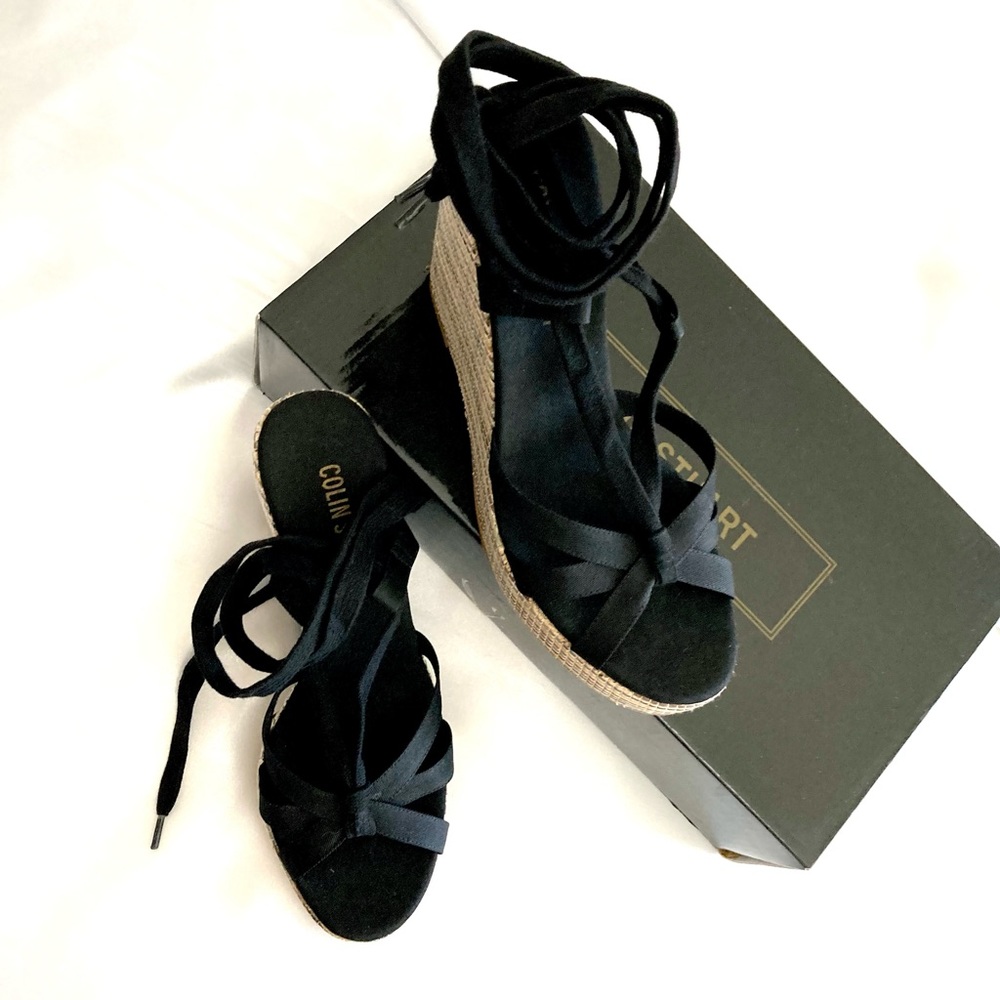Ankle-wrap black wedges sandals. Victoria's Secret brand. - Picture 4 of 8